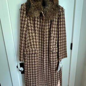 Marvin Richards VTG NEW Houndstooth Wool Coat with Fox Fur Collar Size 10